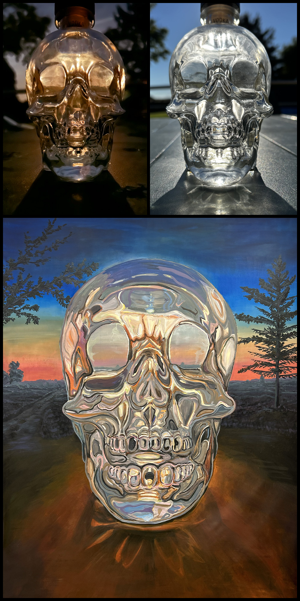 Crâne en verre 💀🌕 : un crâne en verre inspiré d’une photographie que j’ai prise avec mon iPhone d'une bouteille de vodka Crystal Head, illuminée par la lumière d’une pleine lune.